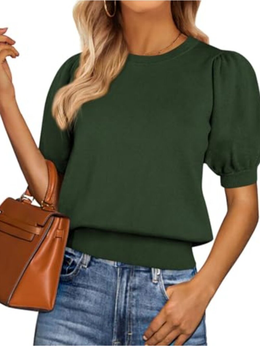 PRETTYGARDEN Womens Puff Short Sleeve Sweater Crewneck Knit Blouse